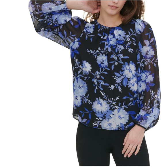 Calvin Klein Tops - NEW Calvin Klein Blouse Blue Black floral top work